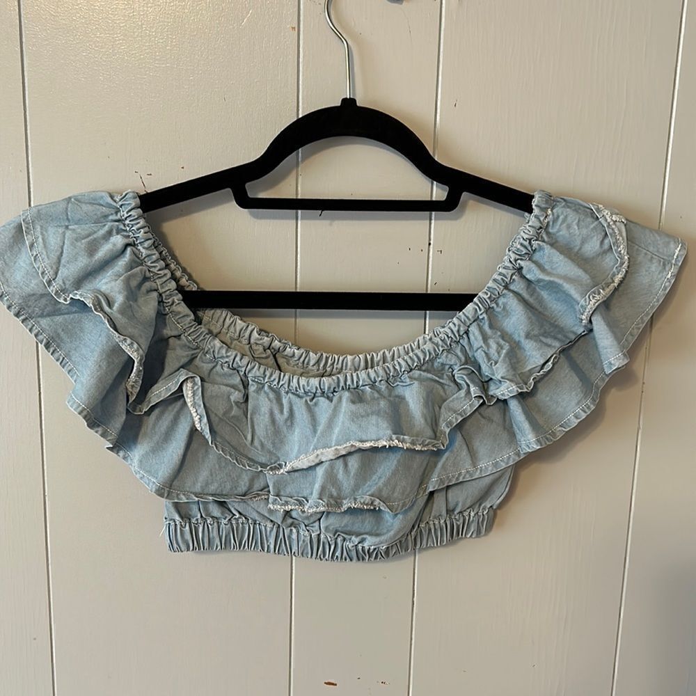 Suboo Denim Crop Ruffle Top Size XS
